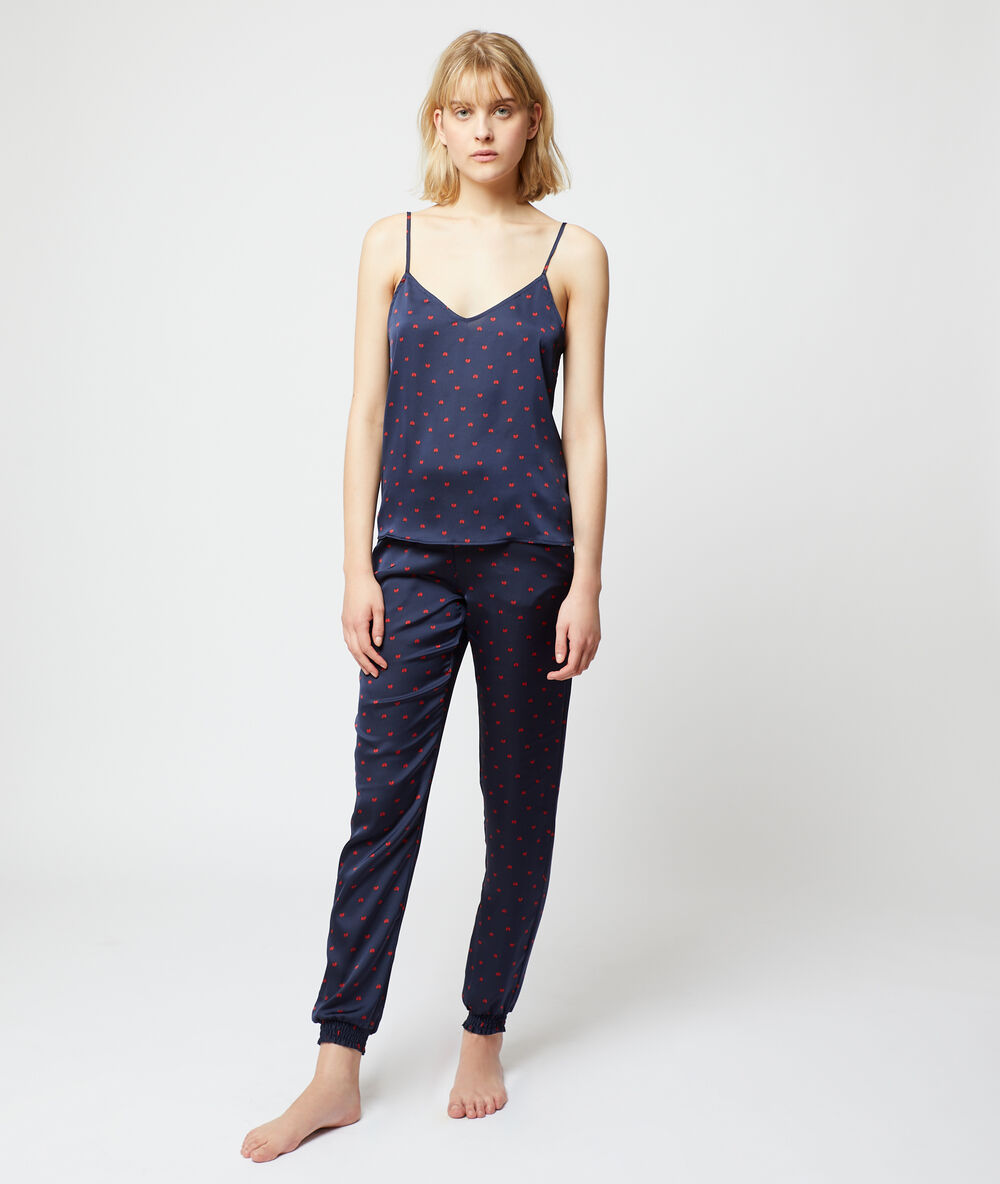 Seidig schimmernde hose mit marienkäfer-print blau.