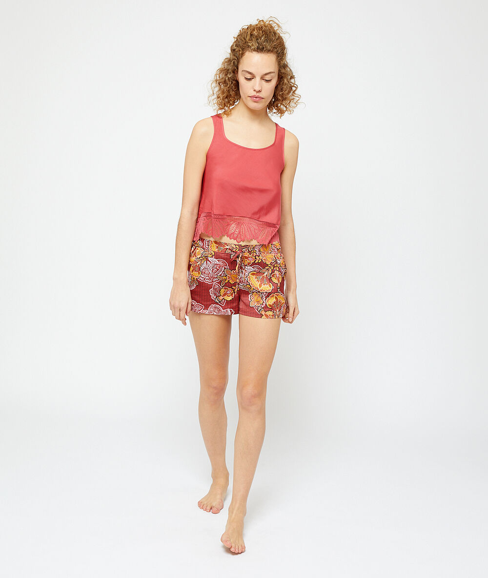 Seidig schimmernde shorts mit print orange.
