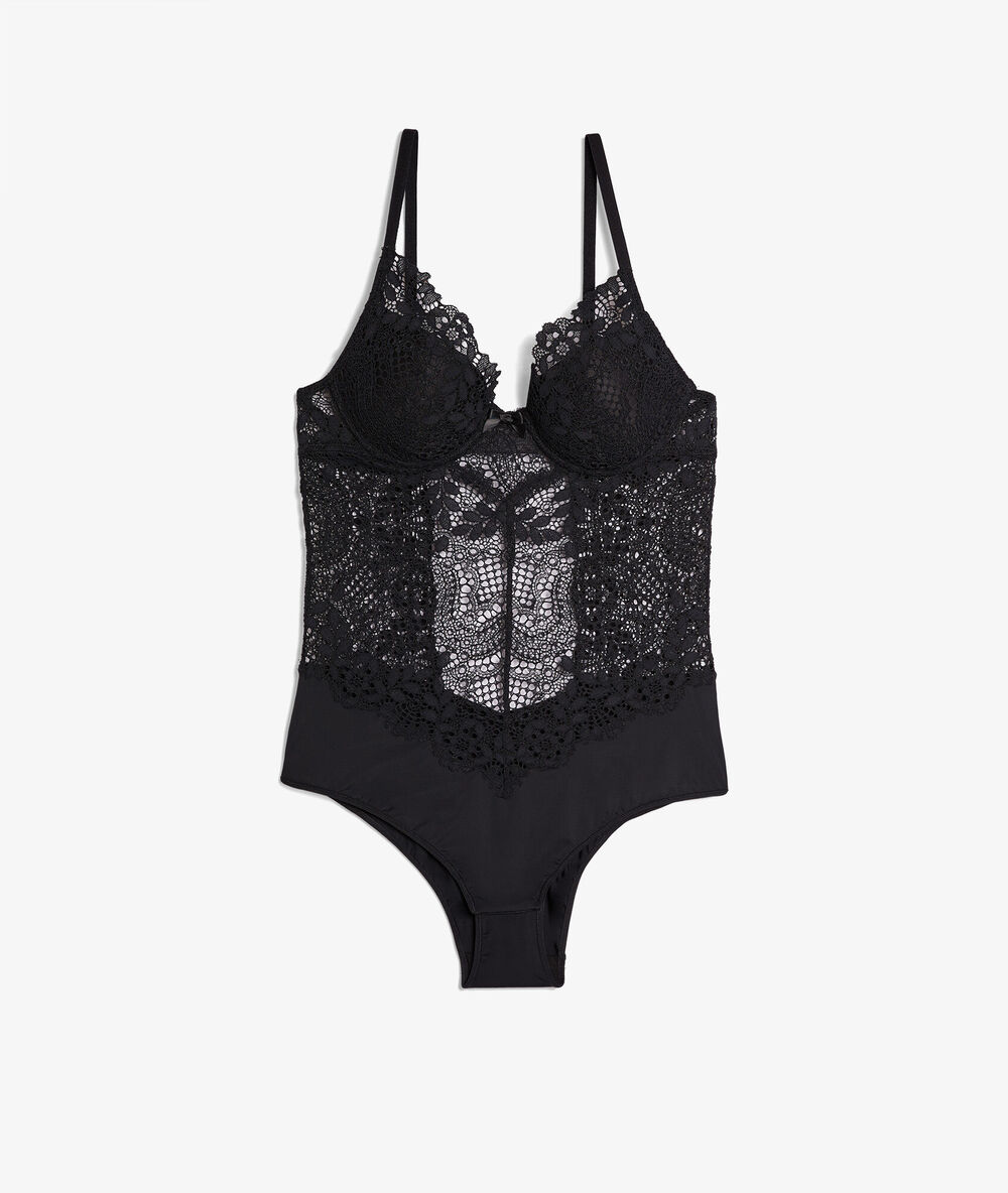 Body aus spitze mit offenem rücken schwarz.