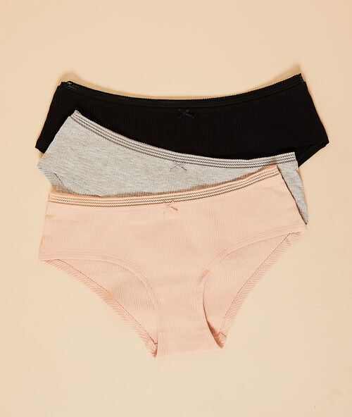 3er-set shortys, gerippt schwarz/ grau/ rosa.