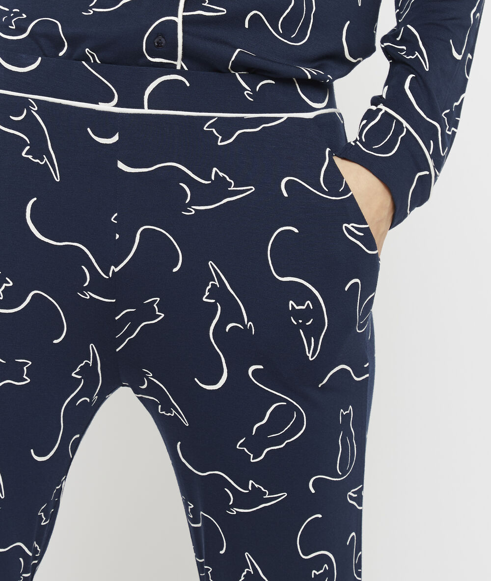 Hose mit katzen-print marineblau.