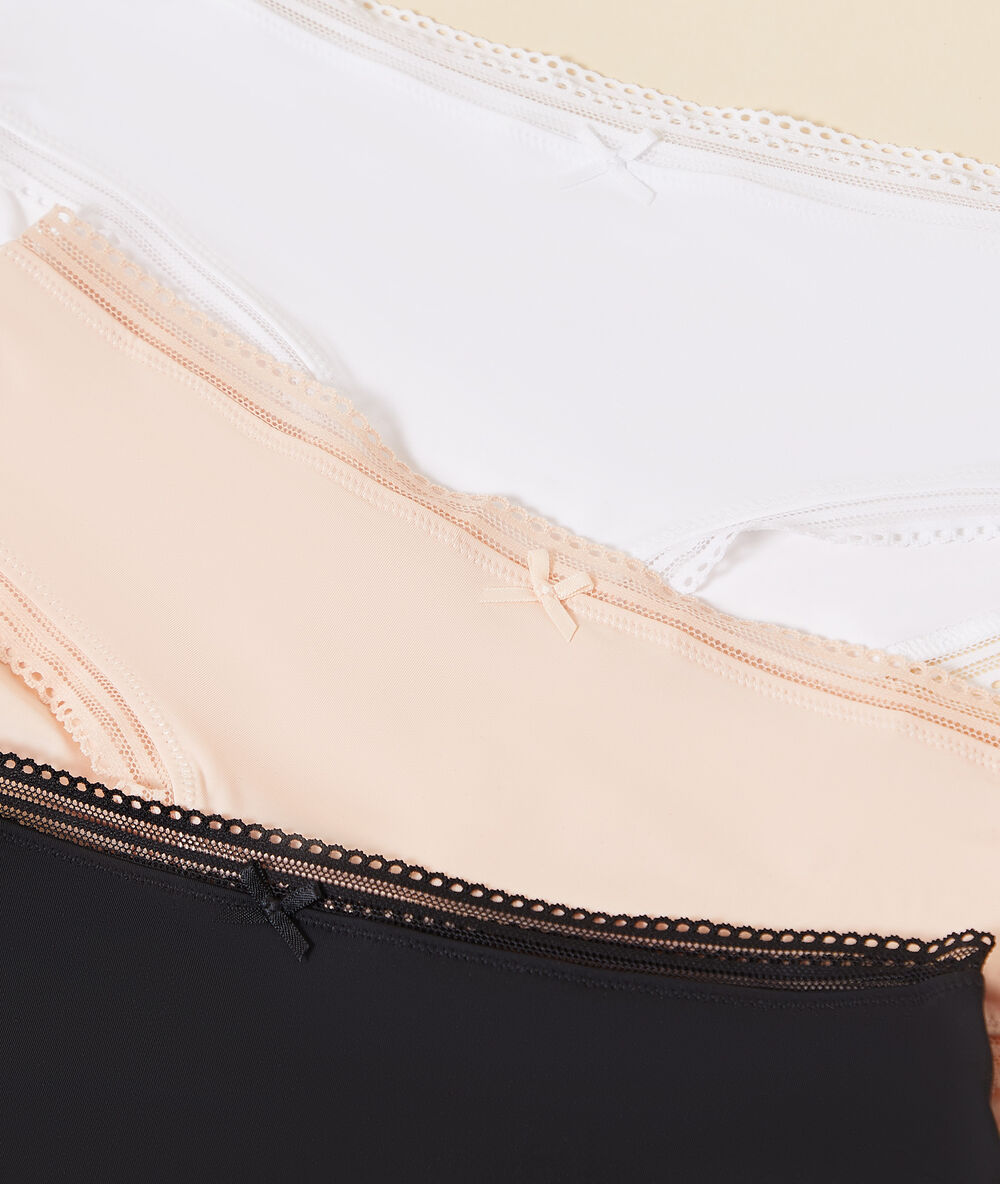 3er-set shortys, durchbrochener saum schwarz/ grau/ rosa.