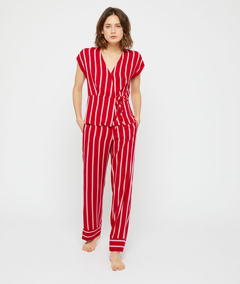 Pyjamaoberteil mit wickelverschluss rot/ weiß.