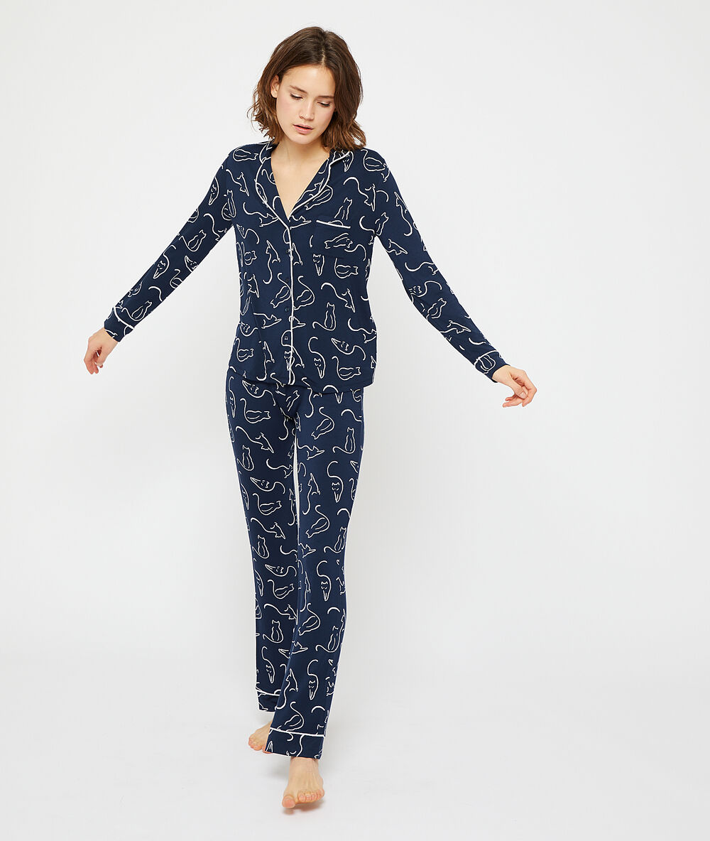 Hose mit katzen-print marineblau.