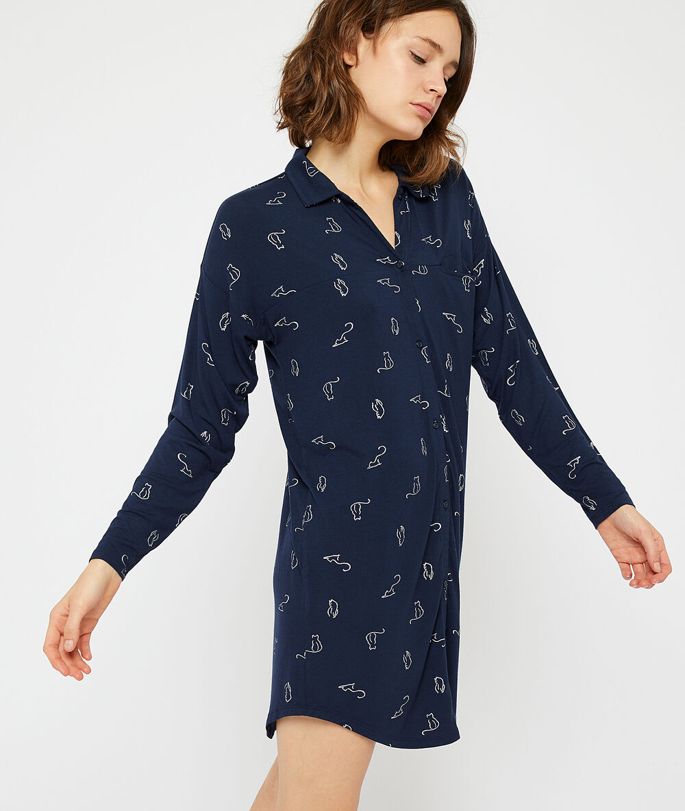 Nachthemd mit katzen-print marineblau.