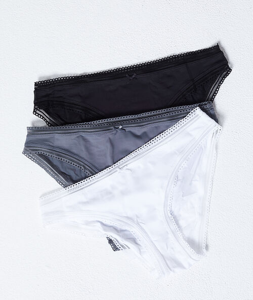 3er-set pantys, durchbrochener saum schwarz/ blau/ grau.
