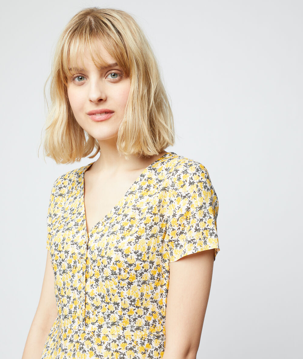 Fließendes kleid mit floralem print ekrü.