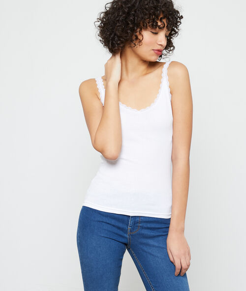 Geripptes top mit dekollet&eacute; aus guipure-spitze wei&szlig;.