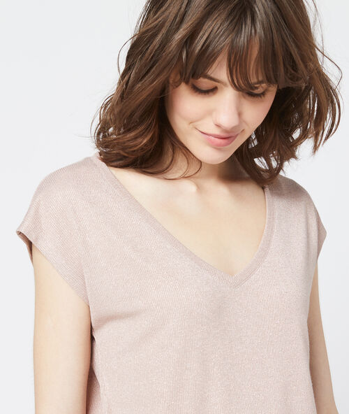 T-shirt mit metallic-fasern und v-ausschnitt beige rose.