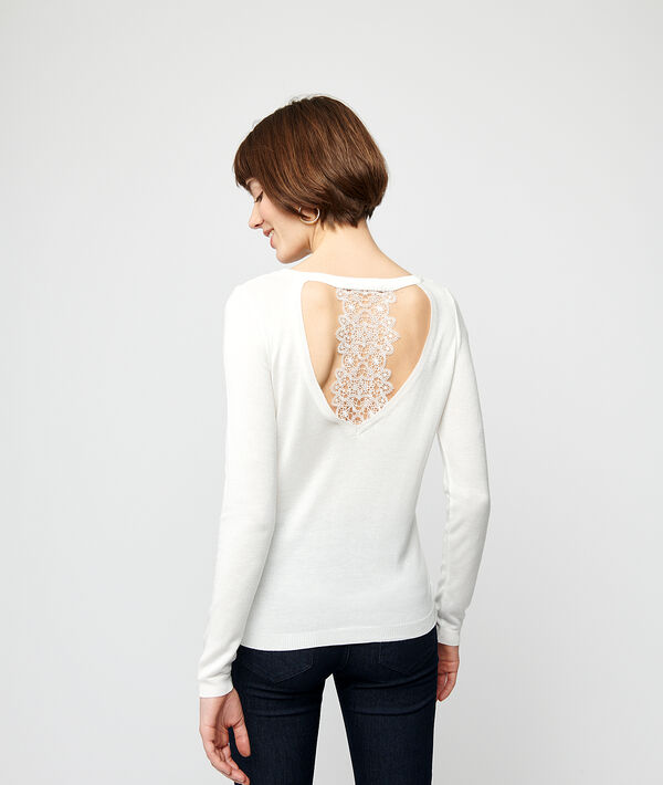 Pullover aus feinem Strick, Rücken aus Guipure-Spitze Pullover aus feinem Strick, Rücken aus Guipure-Spitze