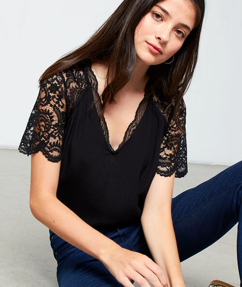 Top dos ajour&eacute; en guipure noir.