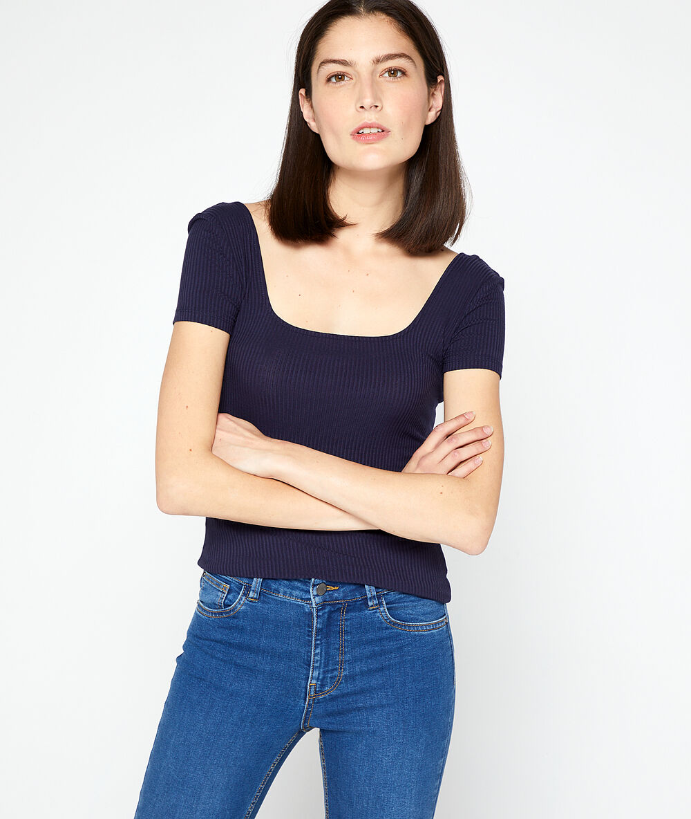 Geripptes top mit ausgeschnittenem rücken marineblau.