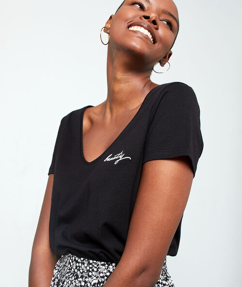 T-shirt brod&eacute; "beauty" noir.