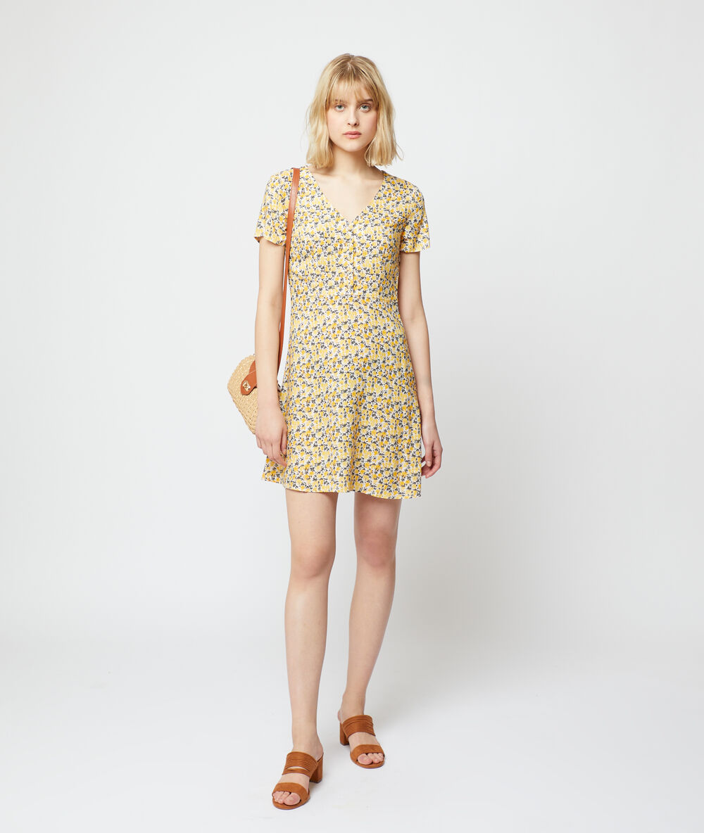 Fließendes kleid mit floralem print ekrü.