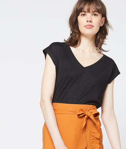 T-shirt mit metallic-fasern und v-ausschnitt schwarz.