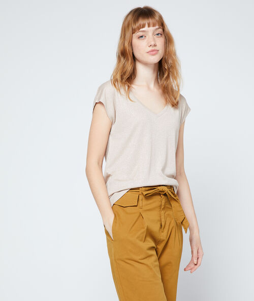 T-shirt mit metallic-fasern camel.