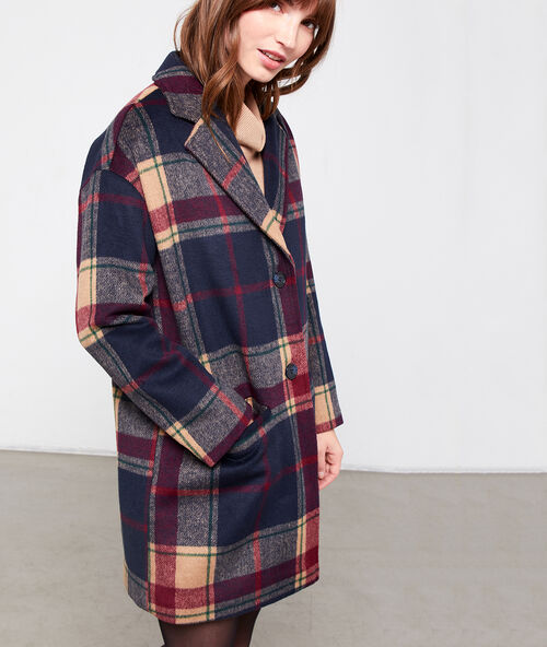 Manteau droit &agrave; carreaux marine.