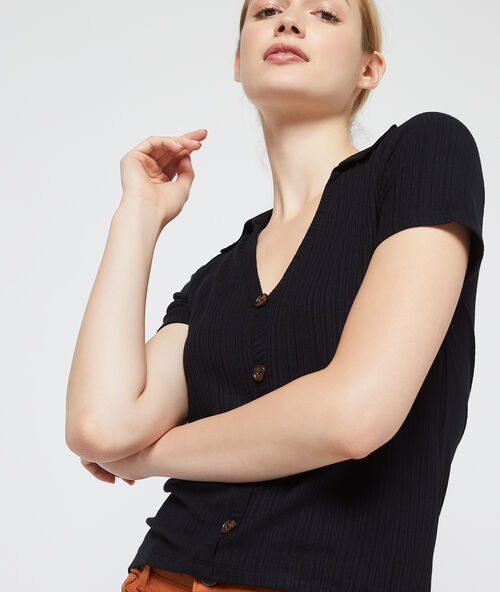 Geripptes und gekn&ouml;pftes polo-shirt schwarz.