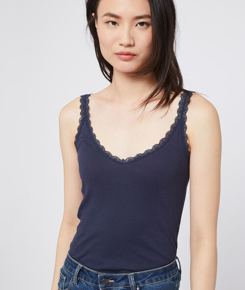 Geripptes top mit dekollet&eacute; aus guipure-spitze marineblau.