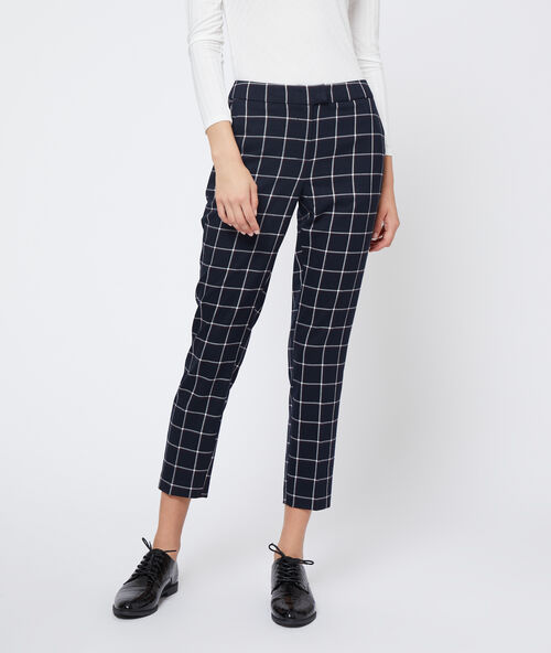 Pantalon cigarette &agrave; carreaux marine.