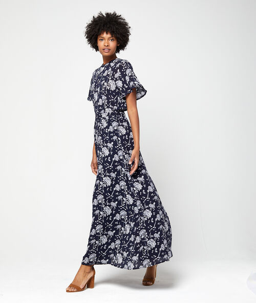 Robe longue dos ouvert à imprimé fleuri marine.