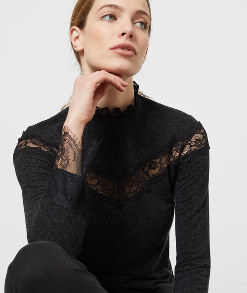 Top aus weichem strick mit guipure-spitze gris chine fonce.