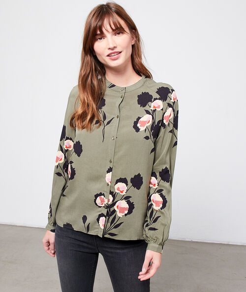 Hemdbluse mit mao-kragen und floralem print kaki.