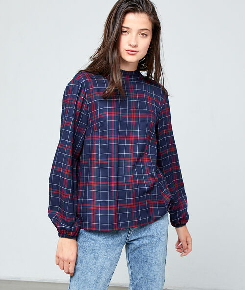 Blouse dos nou&eacute; &agrave; carreaux marine.