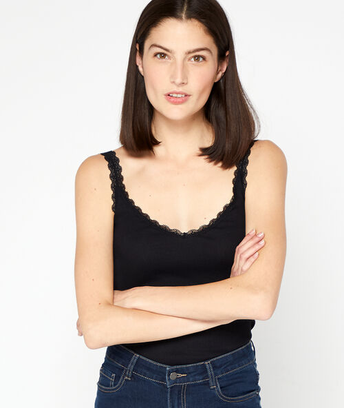 Geripptes top mit dekollet&eacute; aus guipure-spitze schwarz.