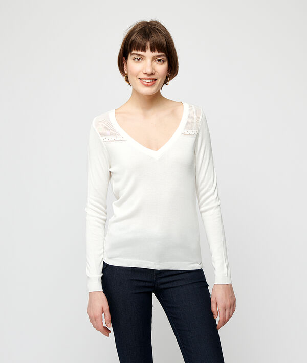 Pullover aus feinem Strick, Rücken aus Guipure-Spitze Pullover aus feinem Strick, Rücken aus Guipure-Spitze