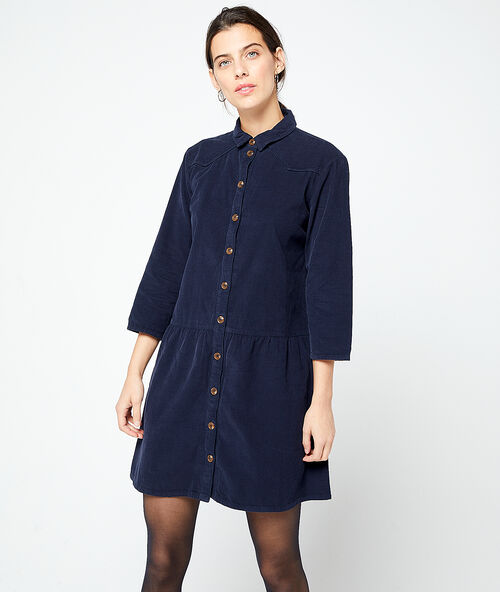 Robe chemise en velours c&ocirc;tel&eacute; marine.