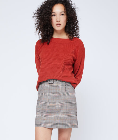 Jupe ceintur&eacute;e &agrave; motifs prince de galles camel.